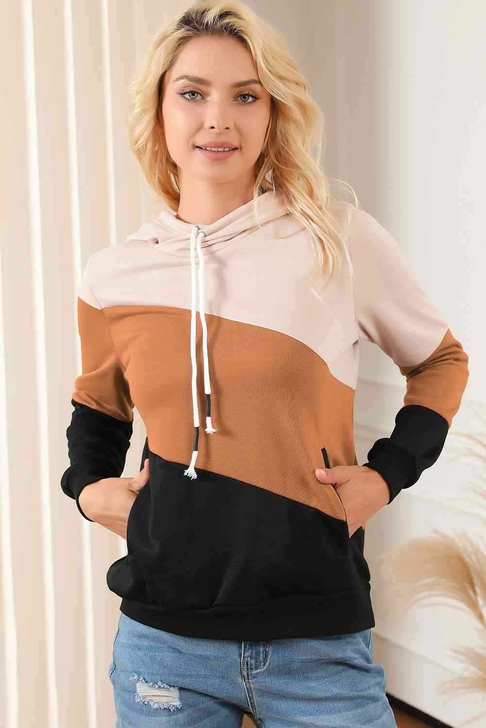 Color Block Drawstring Hoodie with Pockets - Carbone's Marketplace