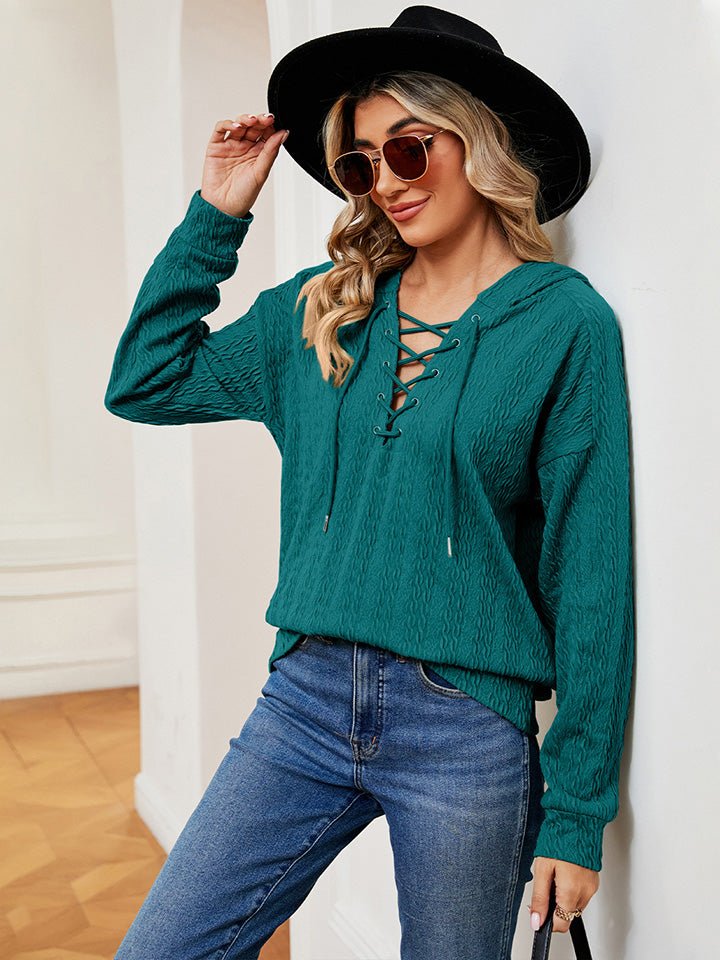 Lace-Up Long Sleeve Hoodie - Carbone's Marketplace