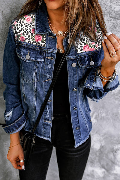 Mixed Print Distressed Button Front Denim Jacket- A Fashionable Statement Piece - Carbone's Marketplace