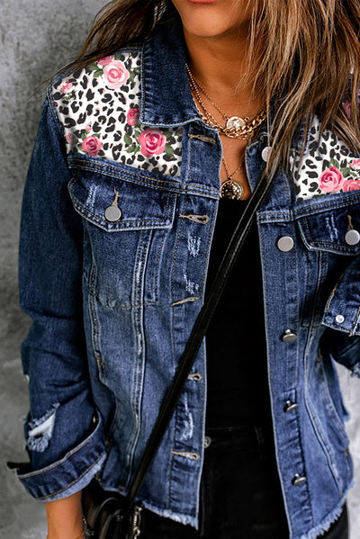 Mixed Print Distressed Button Front Denim Jacket- A Fashionable Statement Piece - Carbone's Marketplace