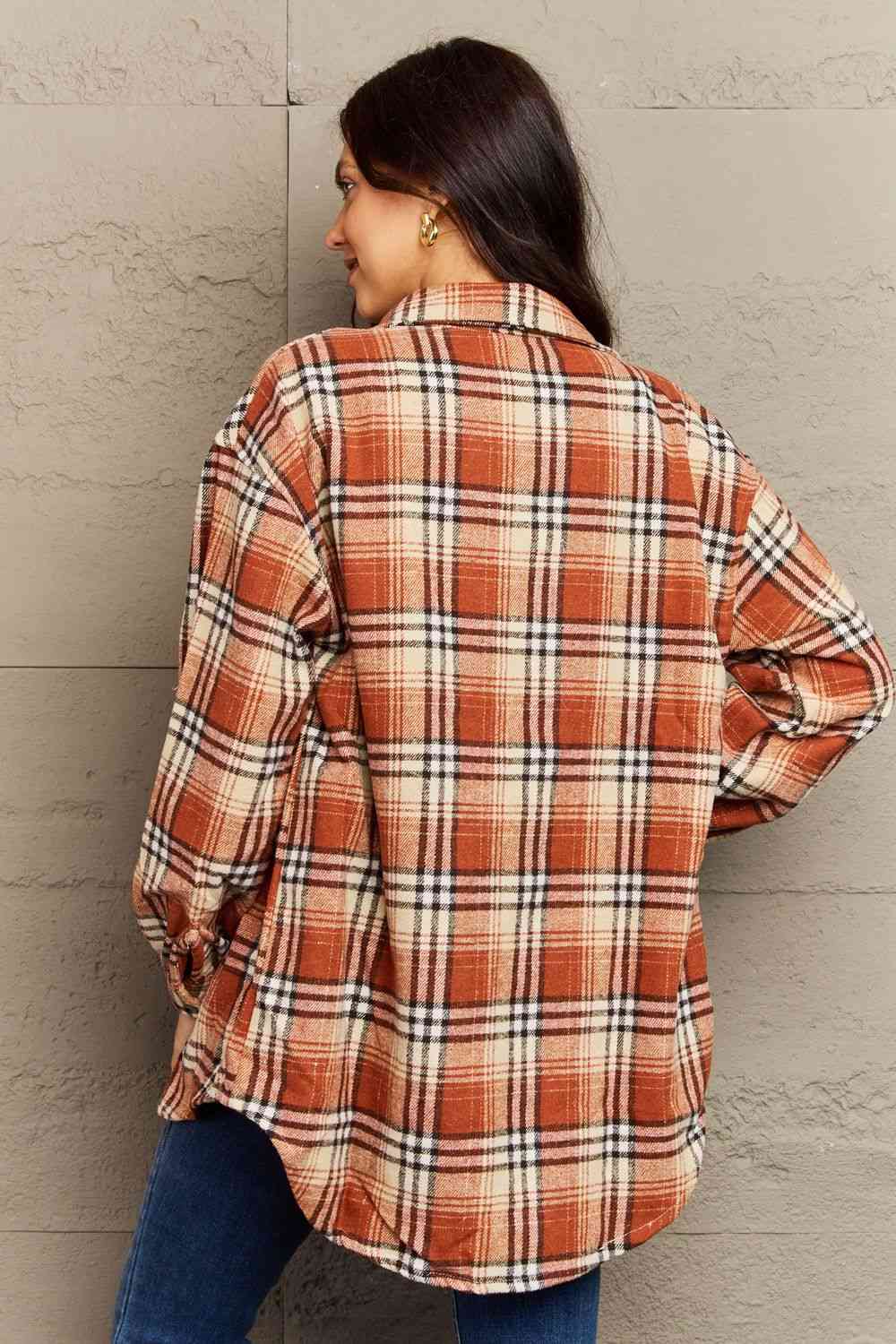 Ninexis Full Size Plaid Collared Neck Button-Down Long Sleeve Jacket - Carbone's Marketplace