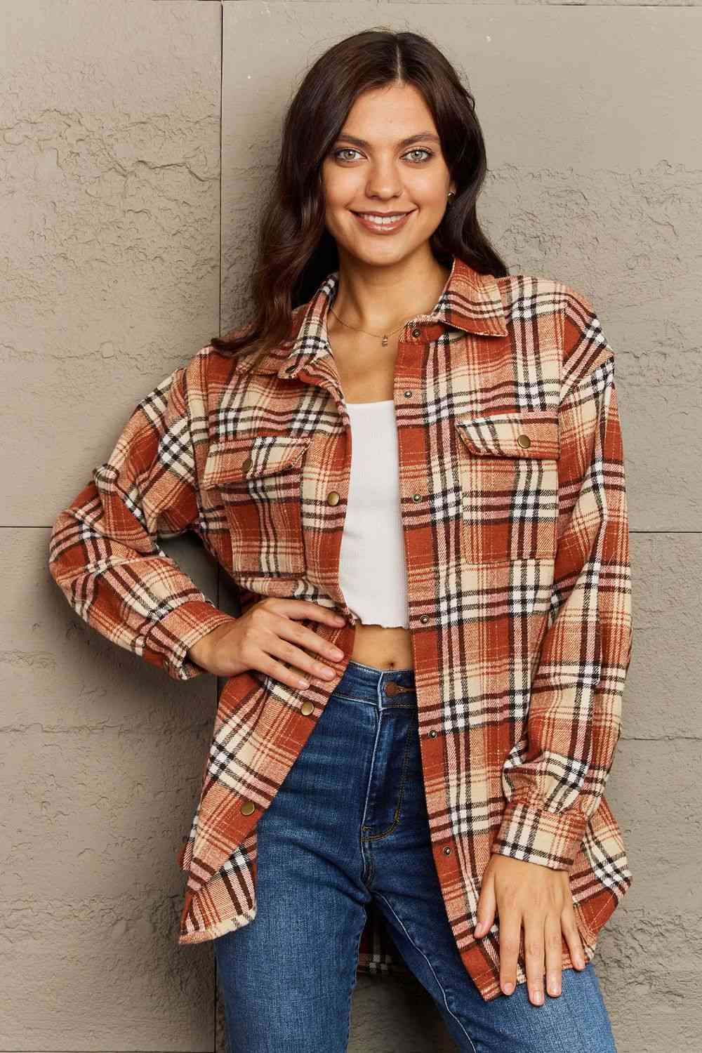 Ninexis Full Size Plaid Collared Neck Button-Down Long Sleeve Jacket - Carbone's Marketplace