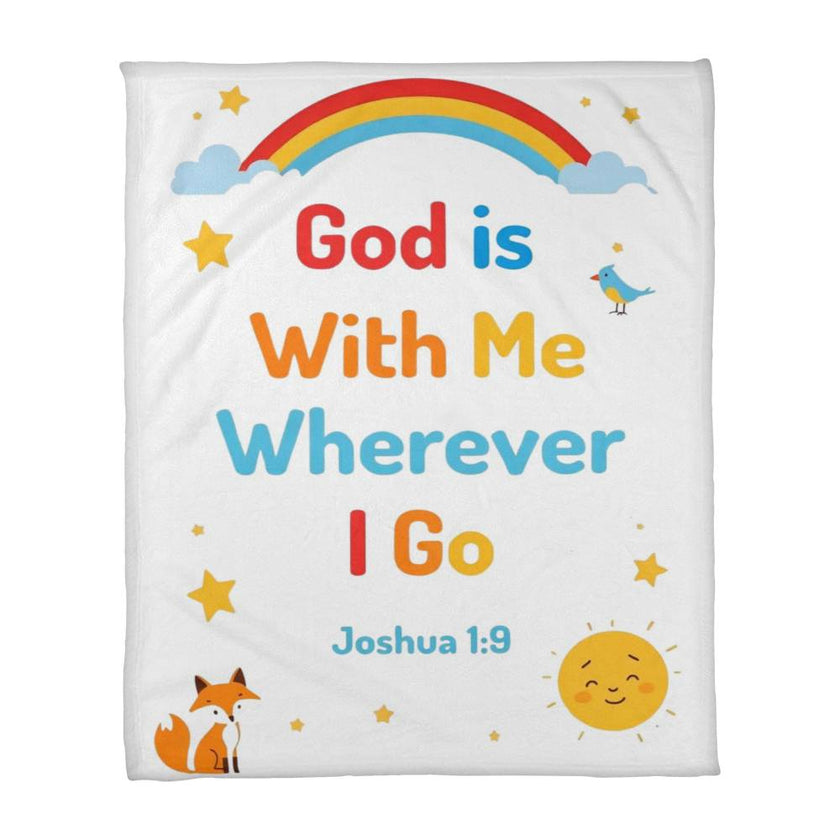 Children's blanket with colorful text and illustrations on a white background