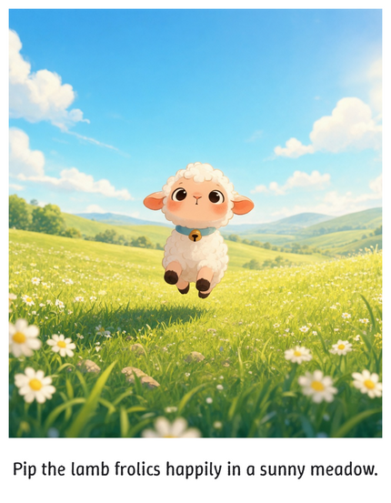 Actual page: Pip the lamb frolics happily in a sunny meadow