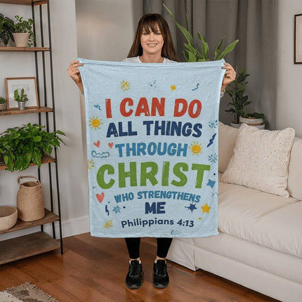 Kids Christian Blanket | I Can Do All Things Through Christ | Philippians 4:13 | Faith Gift for Boys Girls | Bible Verse Blanket