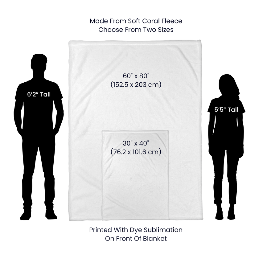 Measurement chart showing a blanket size with two silhouettes of people for scale.