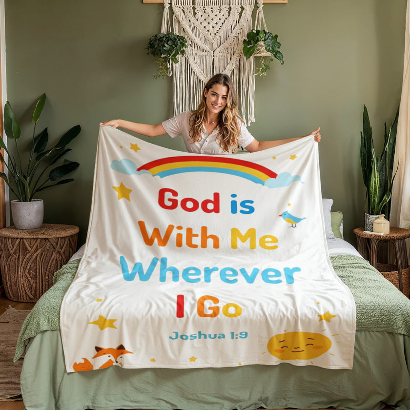 Kids Christian Blanket | God is With Me Wherever I Go | Joshua 1:9 | Faith Gift for Boys & Girls