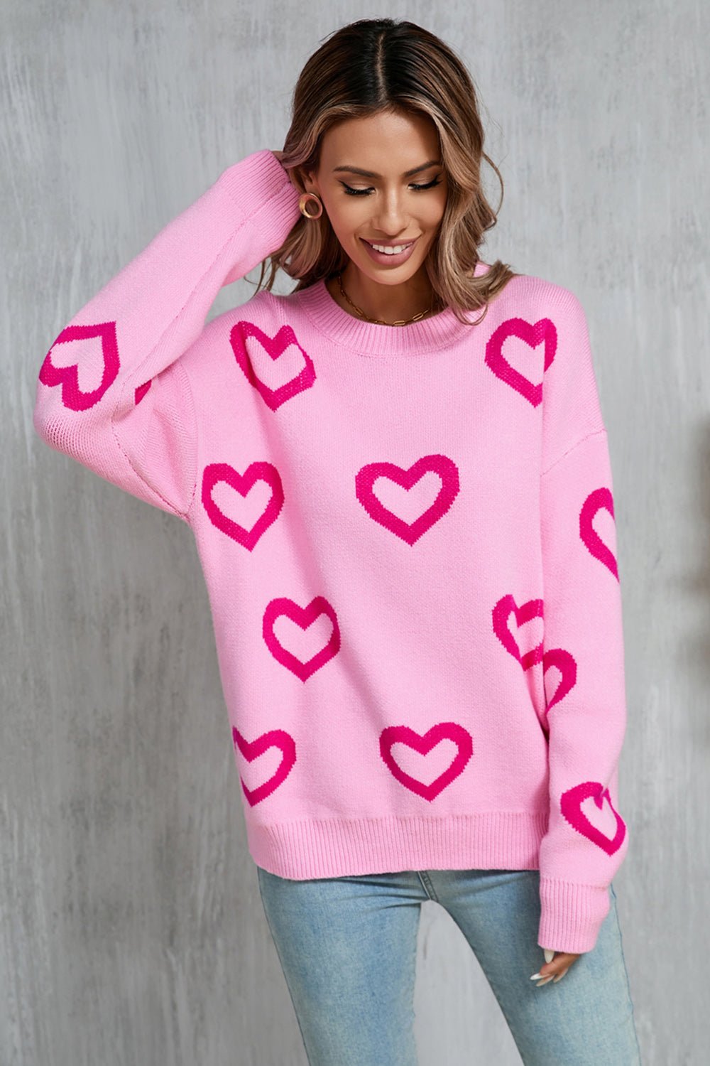 Angel Wings Heart Round Neck Dropped Shoulder Long Sleeve Sweater - Carbone's Marketplace