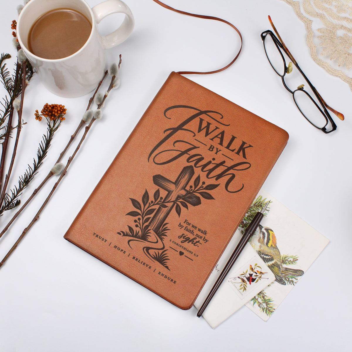 Walk by Faith – 2 Corinthians 5:7 Engraved Vegan Leather Prayer Journal