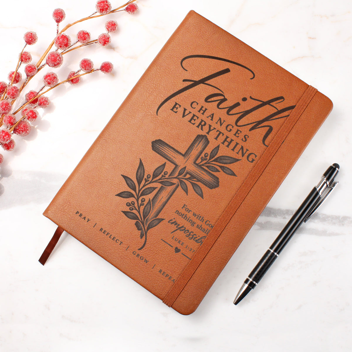 Faith Changes Everything – Luke 1:37 Engraved Vegan Leather Prayer Journal