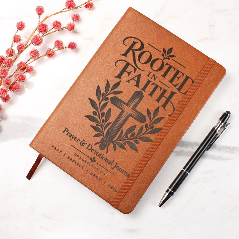 Rooted in Faith – Colossians 2:7 Engraved Vegan Leather Prayer Journal