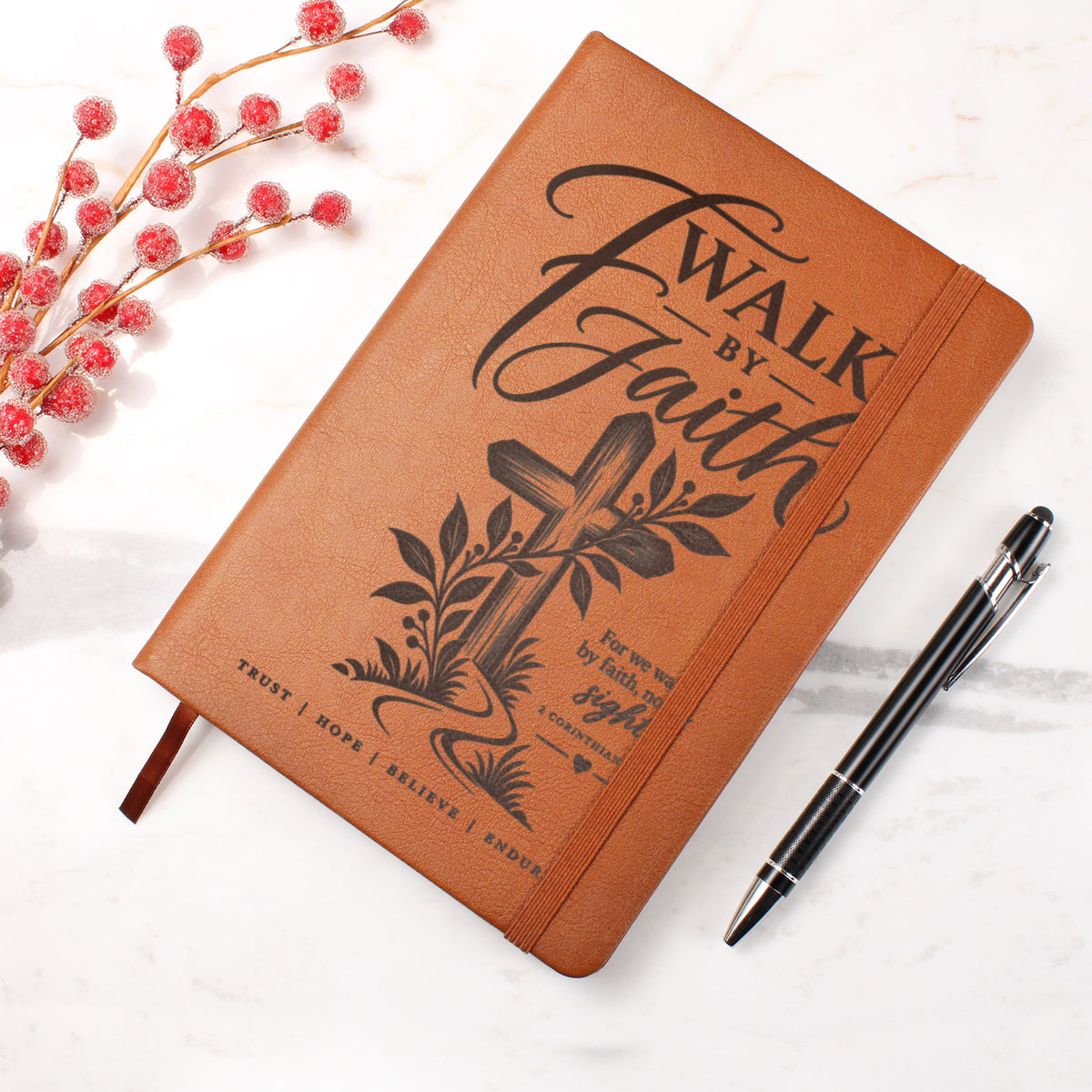 Walk by Faith – 2 Corinthians 5:7 Engraved Vegan Leather Prayer Journal
