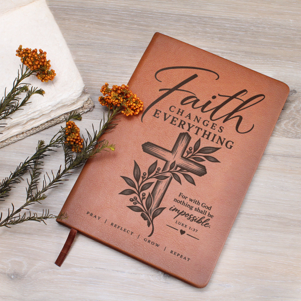Faith Changes Everything – Luke 1:37 Engraved Vegan Leather Prayer Journal