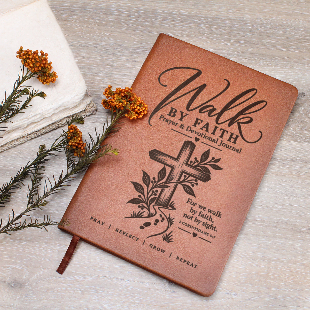 Walk by Faith – 2 Corinthians 5:7 Engraved Vegan Leather Prayer Journal