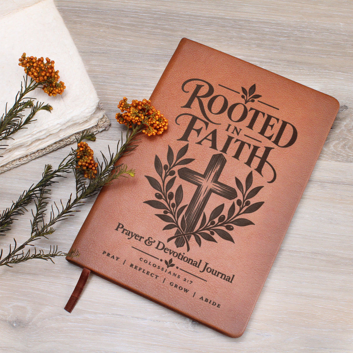 Rooted in Faith – Colossians 2:7 Engraved Vegan Leather Prayer Journal