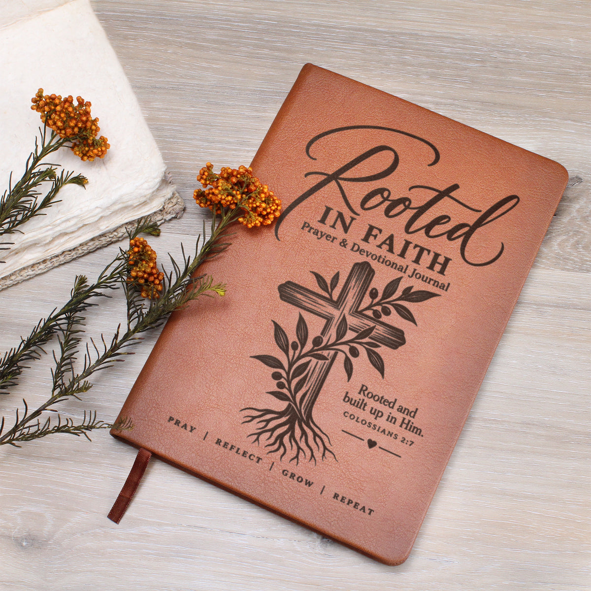 Rooted in Faith – Colossians 2:7 Engraved Vegan Leather Prayer Journal