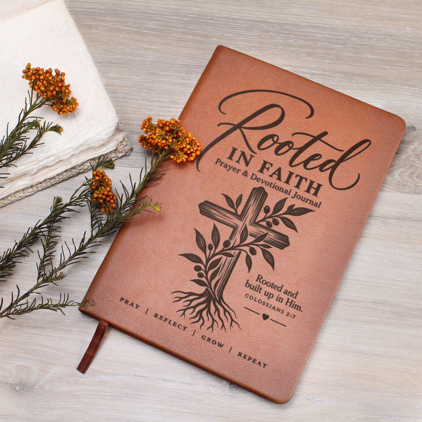 Rooted in Faith – Colossians 2:7 Engraved Vegan Leather Prayer Journal