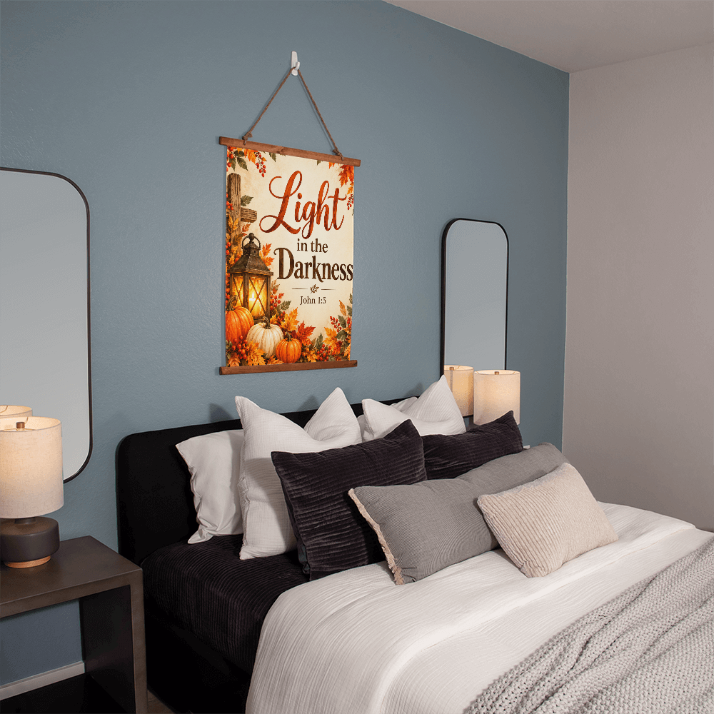 Light in the Darkness Christian Fall Wood Framed Wall Tapestry – John 1:5