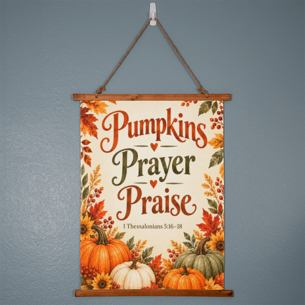 Pumpkins Prayer Praise Christian Fall Wood Framed Wall Tapestry – 1 Thessalonians 5:16–18
