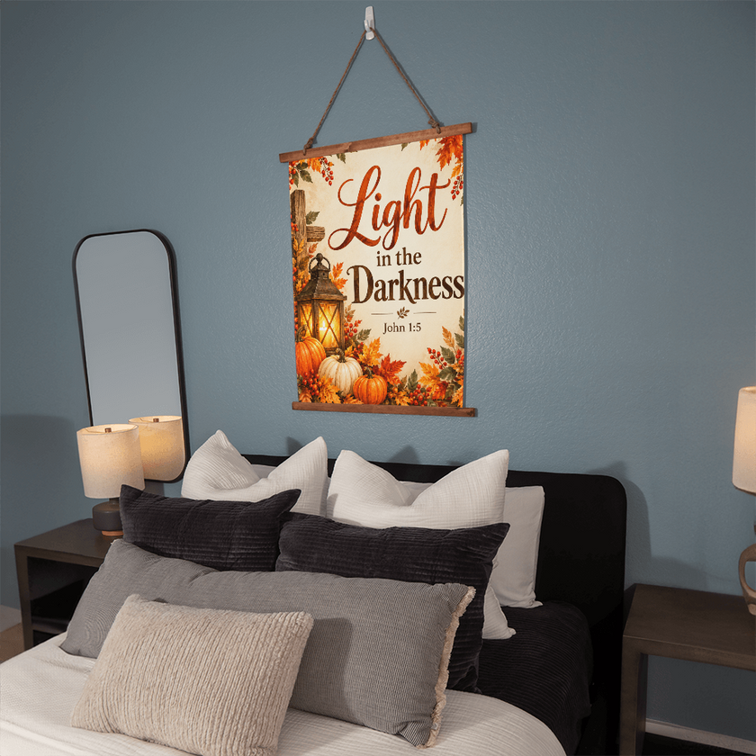 Light in the Darkness Christian Fall Wood Framed Wall Tapestry – John 1:5