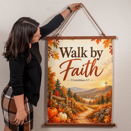 Walk by Faith Christian Fall Wood Framed Wall Tapestry – 2 Corinthians 5:7