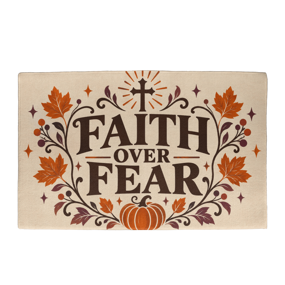 Faith Over Fear Christian Halloween welcome mat with a radiant cross, pumpkins and autumn leaves