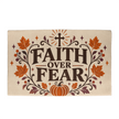Faith Over Fear Christian Halloween welcome mat with a radiant cross, pumpkins and autumn leaves
