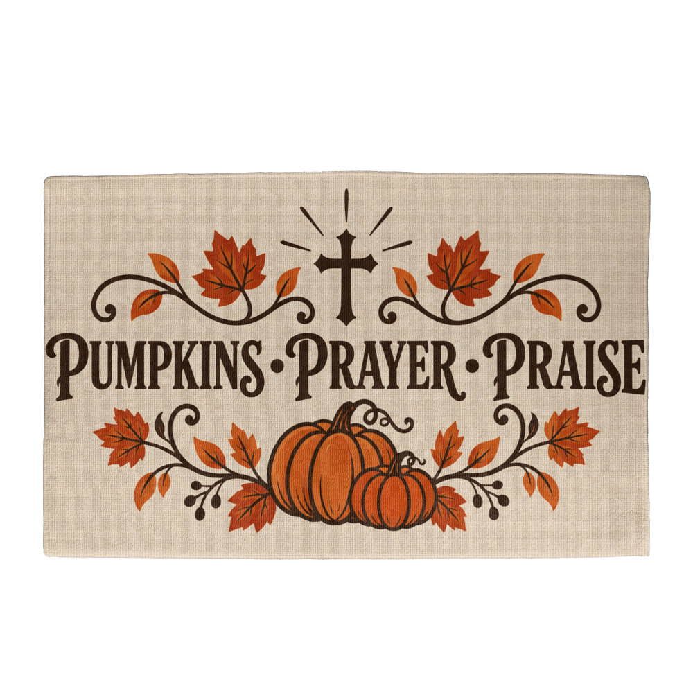Pumpkins Prayer Praise Christian fall welcome mat with pumpkins, leaves and a cross