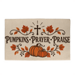 Pumpkins Prayer Praise Christian fall welcome mat with pumpkins, leaves and a cross