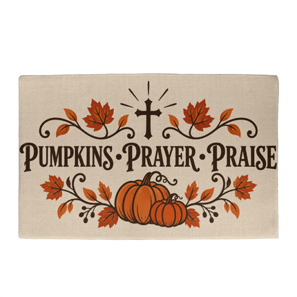 Pumpkins Prayer Praise Christian fall welcome mat with pumpkins, leaves and a cross