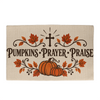 Pumpkins Prayer Praise Christian fall welcome mat with pumpkins, leaves and a cross