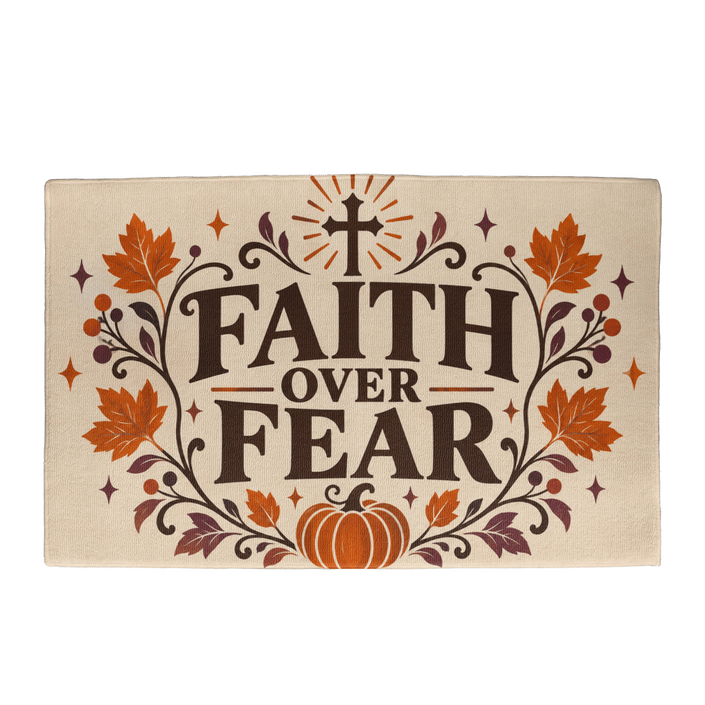 Faith Over Fear Christian Halloween welcome mat with a radiant cross, pumpkins and autumn leaves