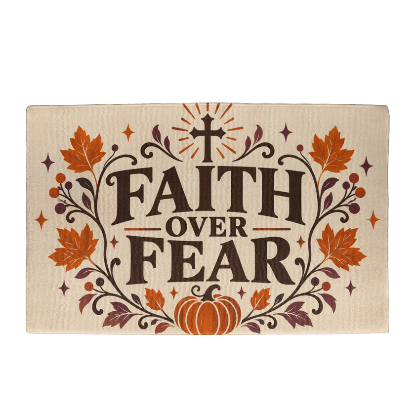 Faith Over Fear Christian Halloween welcome mat with a radiant cross, pumpkins and autumn leaves