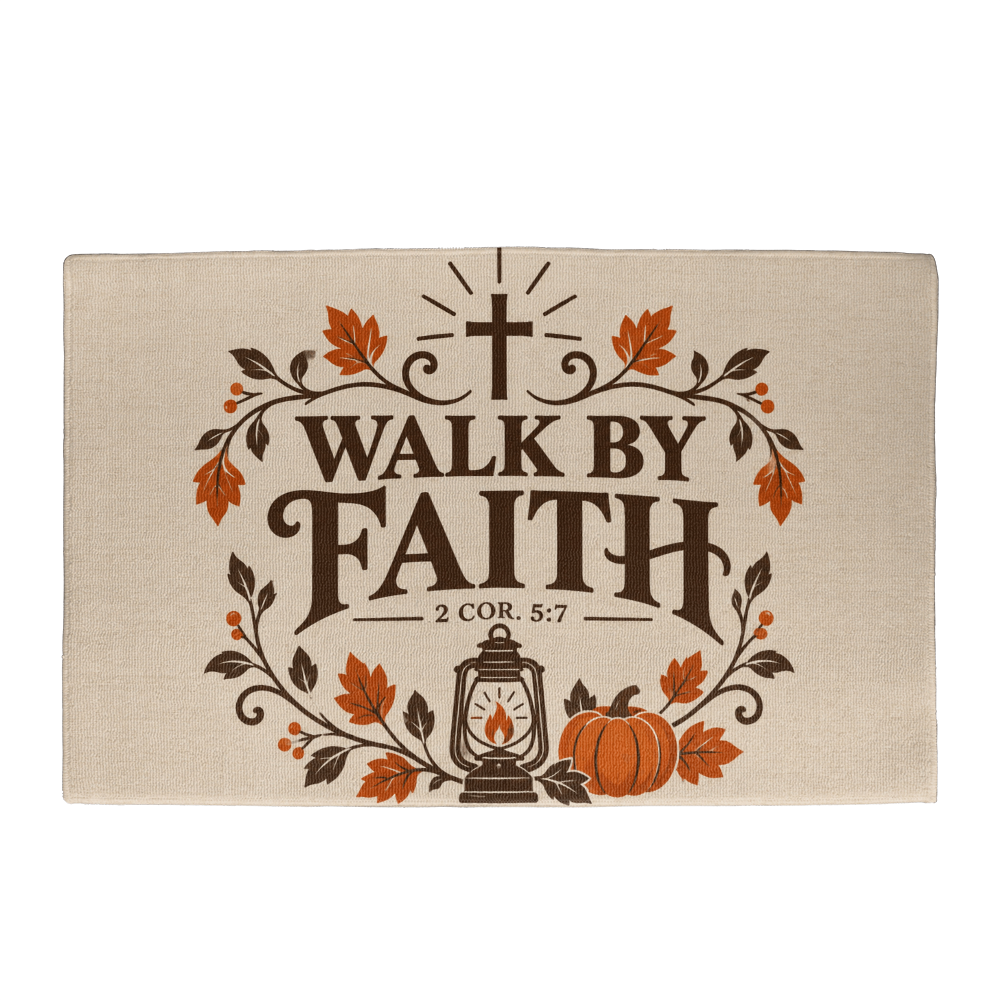 Walk By Faith Christian fall welcome mat with 2 Corinthians 5:7, a cross, lantern and pumpkin