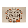 Walk By Faith Christian fall welcome mat with 2 Corinthians 5:7, a cross, lantern and pumpkin