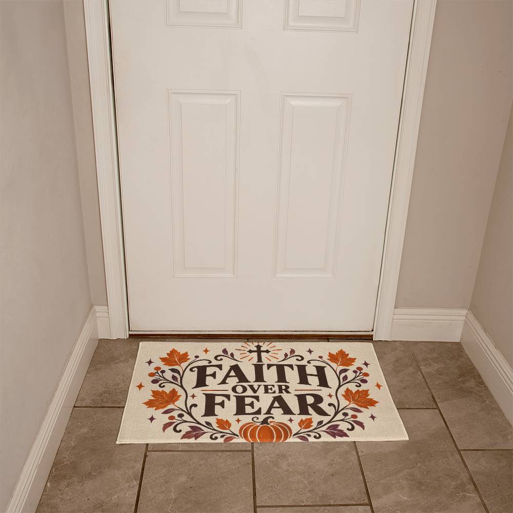 Faith Over Fear Christian doormat shown at a fall front entryway