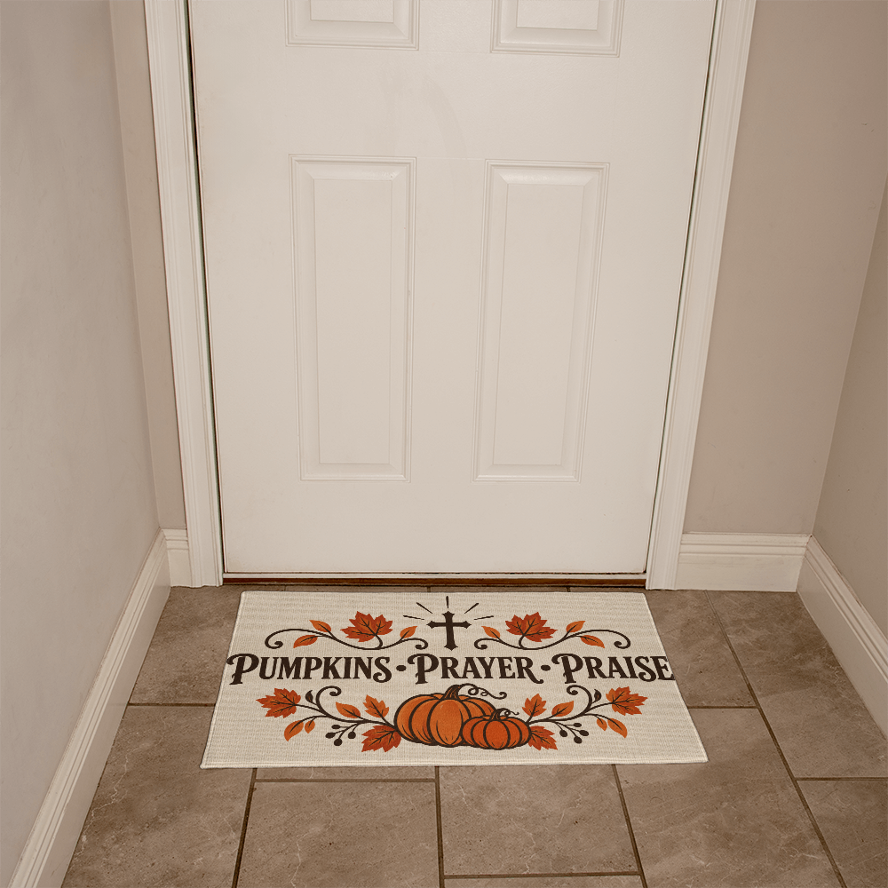Pumpkins Prayer Praise doormat shown at a fall front entryway