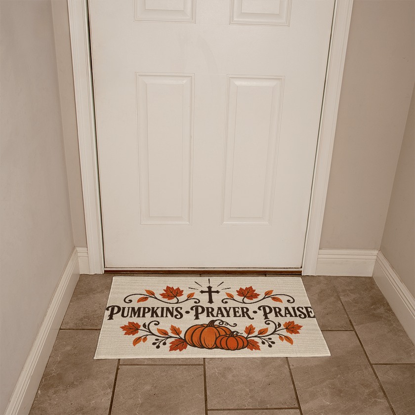 Pumpkins Prayer Praise doormat shown at a fall front entryway