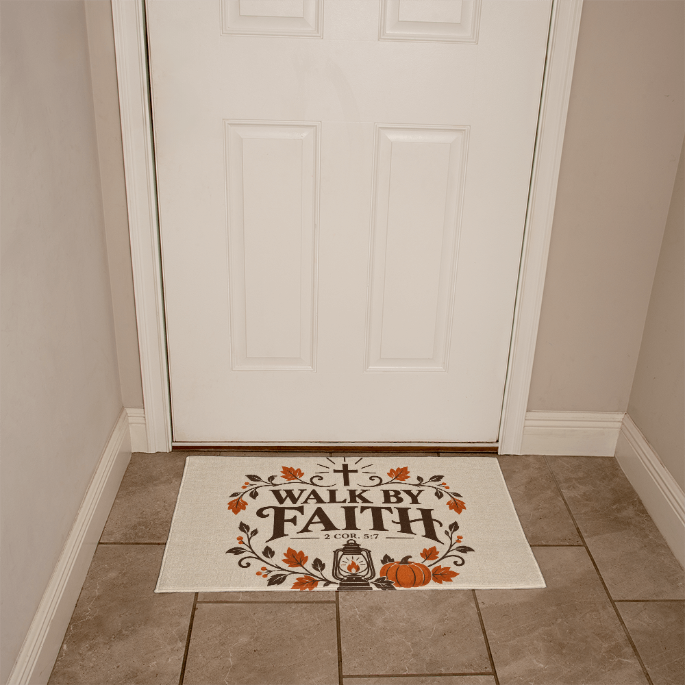 Walk By Faith scripture doormat shown at a fall front entryway