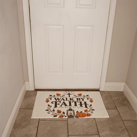 Walk By Faith scripture doormat shown at a fall front entryway