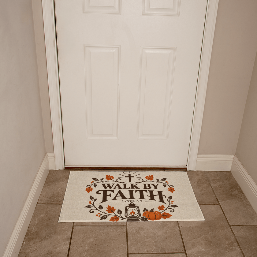 Walk By Faith scripture doormat shown at a fall front entryway