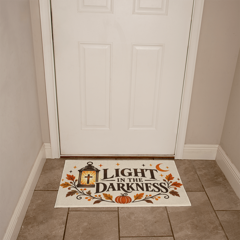 Light in the Darkness Christian doormat shown at a fall front entryway