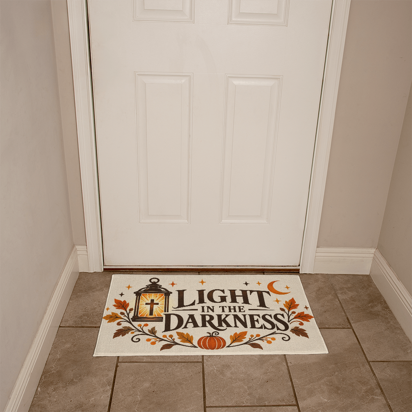 Light in the Darkness Christian doormat shown at a fall front entryway