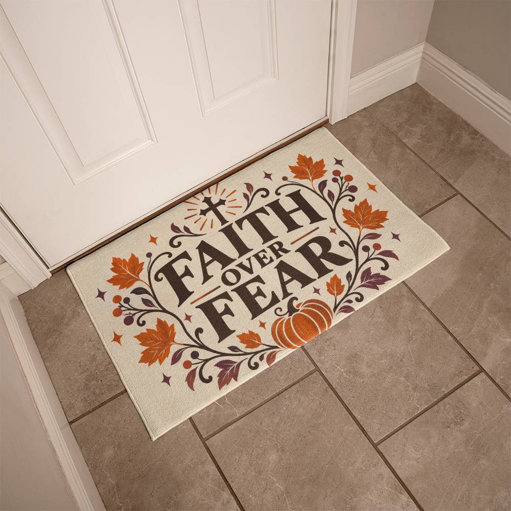 Close-up of the Faith Over Fear cross and pumpkin design on the welcome mat