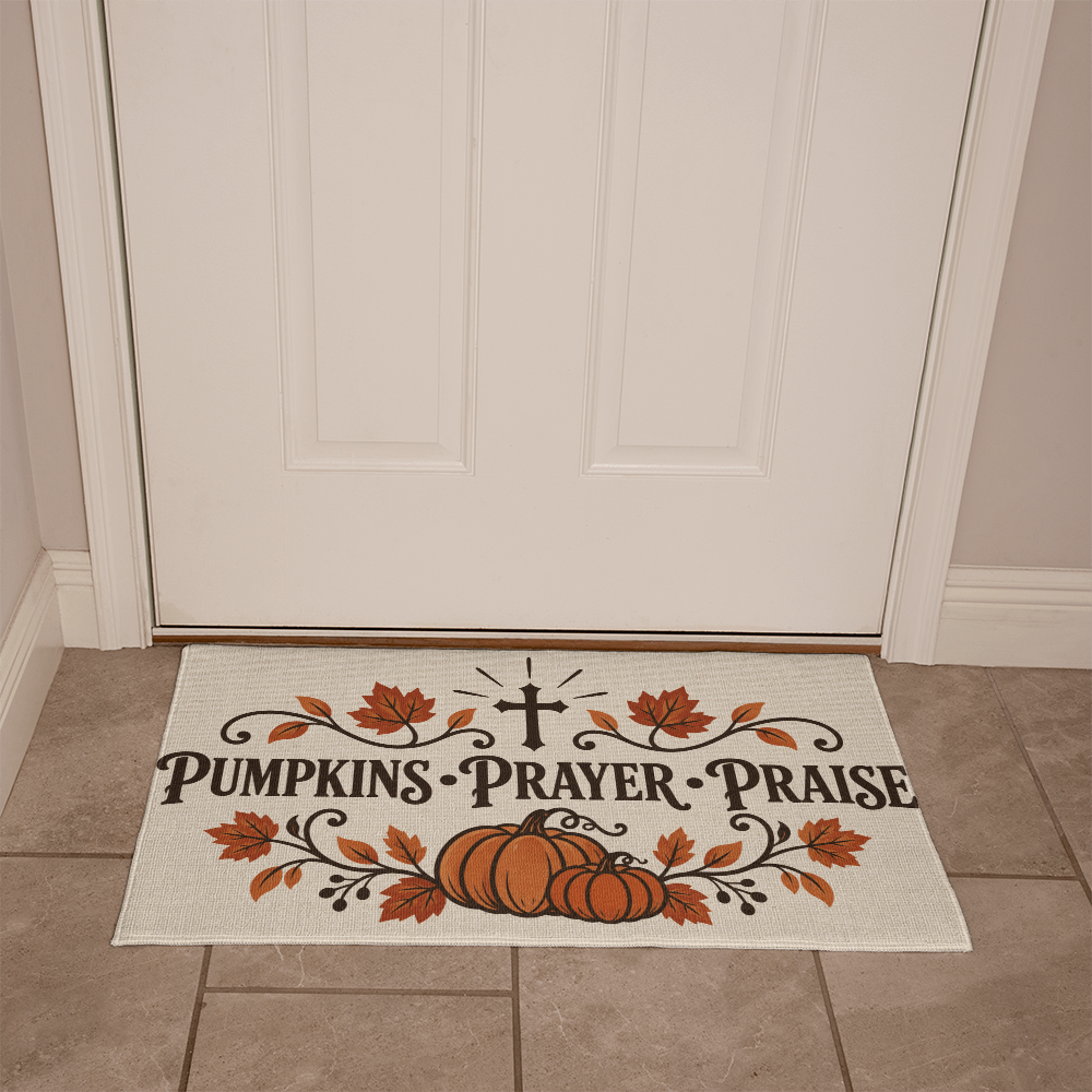 Close-up of the Pumpkins Prayer Praise harvest design on the welcome mat