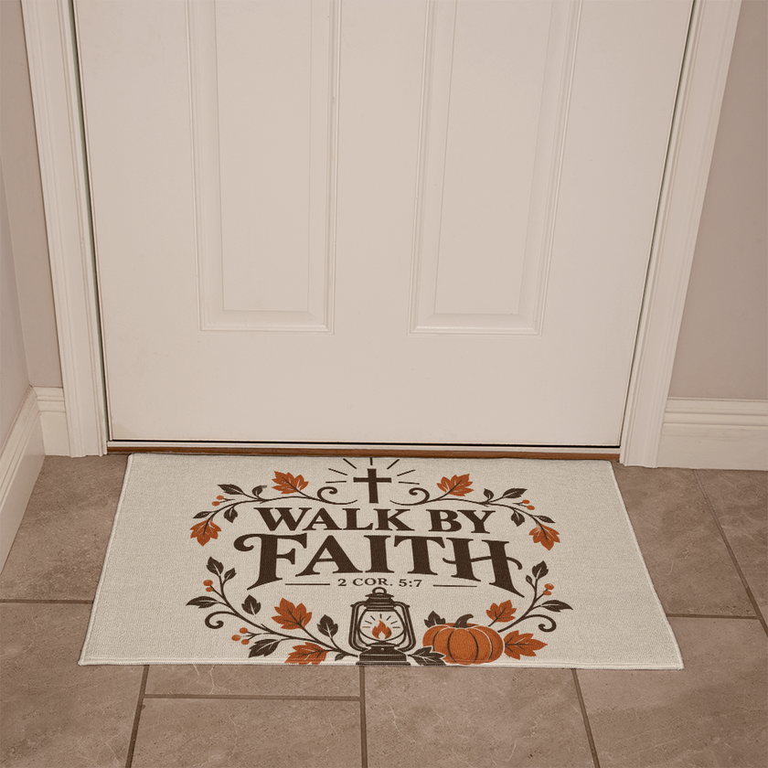 Close-up of the 2 Corinthians 5:7 scripture and cross design on the welcome mat