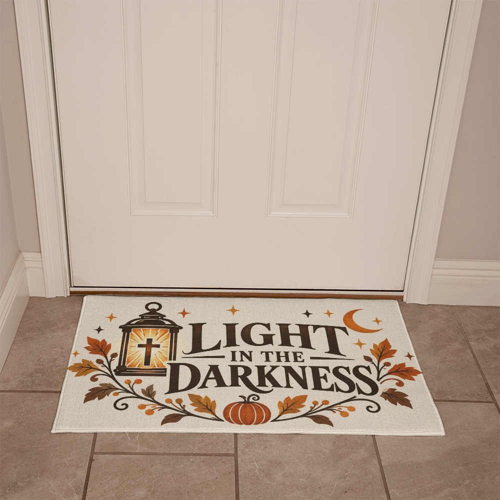 Close-up of the cross lantern, moon and pumpkin design on the welcome mat