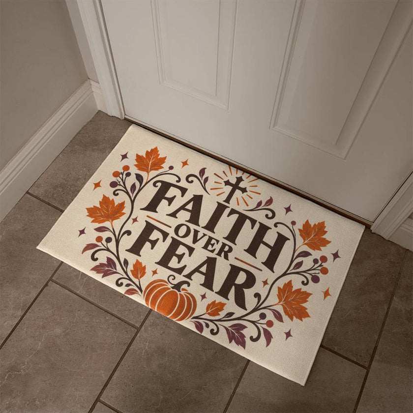 Faith Over Fear Halloween doormat with non-skid backing, 21 by 34 inches