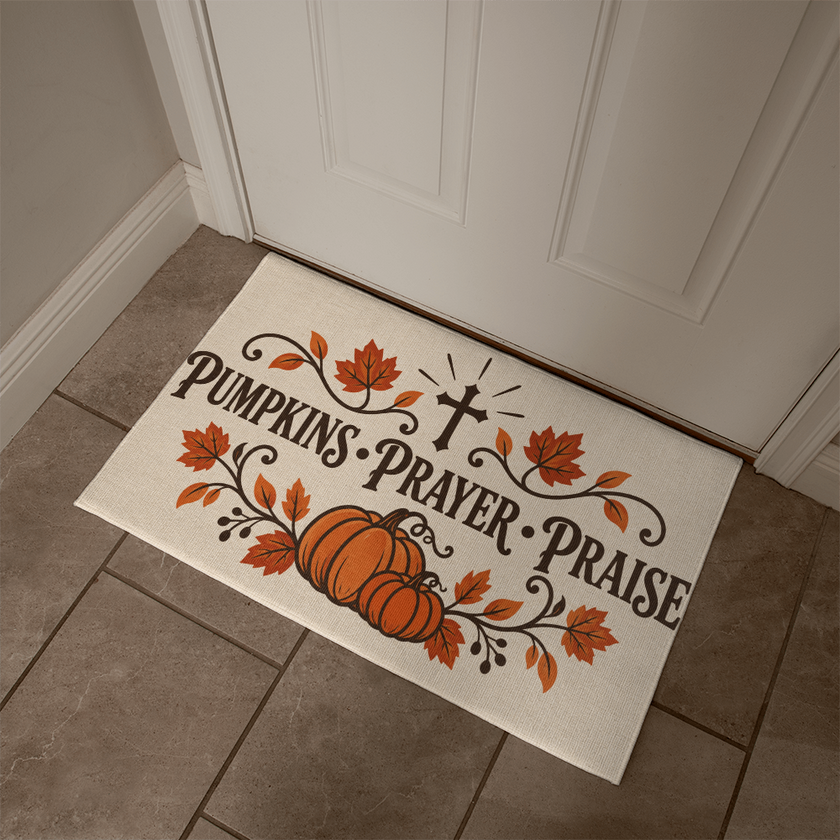 Pumpkins Prayer Praise Christian doormat with non-skid backing, 21 by 34 inches