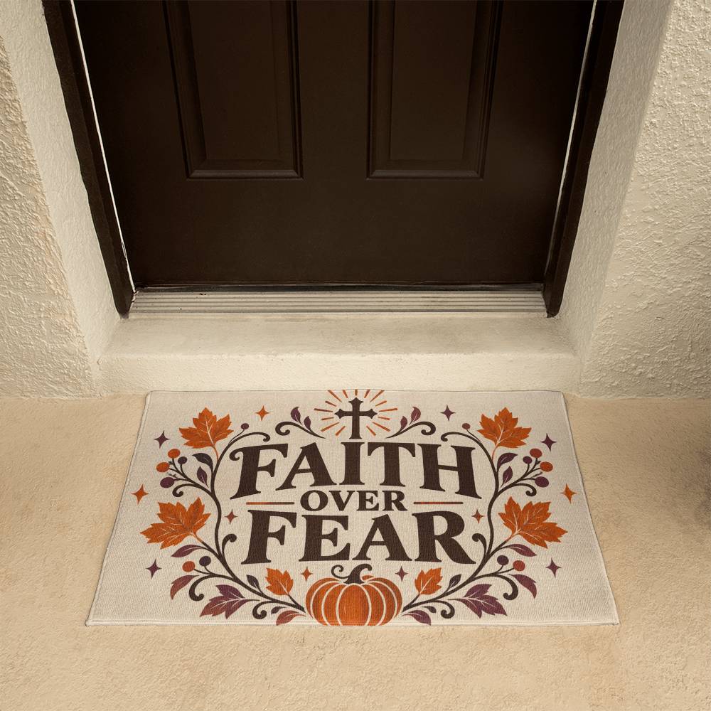 Faith Over Fear Christian fall welcome mat styled with autumn porch decor
